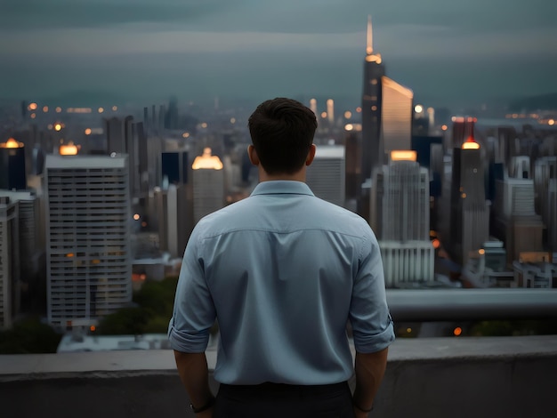 Foto um homem está de pé em uma borda olhando para o horizonte da cidade