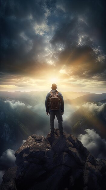um homem está de pé em uma montanha com uma mochila nas costas olhando para o céu