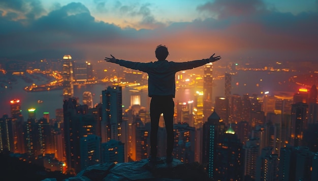 Foto um homem está de pé em uma montanha com vista para uma cidade por uma imagem gerada por ai