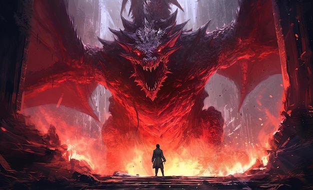 um homem está de pé na frente de um dragão de fogo no estilo de pintura digital