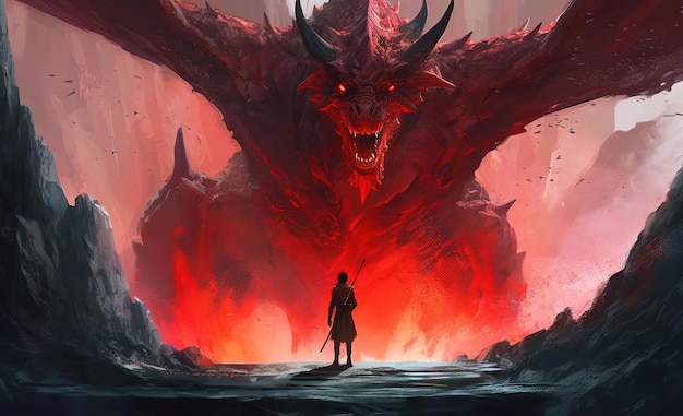 um homem está de pé na frente de um dragão voador em uma rocha no estilo de pintura digital