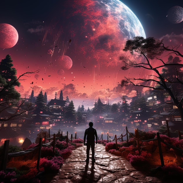 um homem está de pé na frente de um grande planeta com uma lua vermelha ao fundo