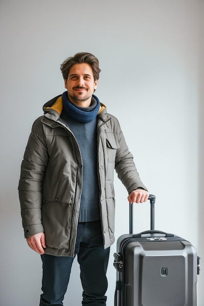 Um homem está de pé na frente de uma mala vestindo uma jaqueta cinzenta e um lenço azul