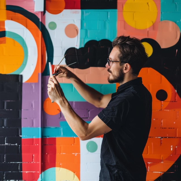 um homem está de pé na frente de uma parede colorida com uma escova de pintura na mão