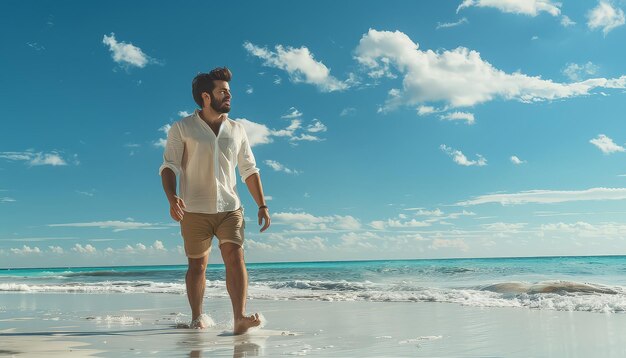 Um homem está de pé no oceano vestindo uma camisa verde