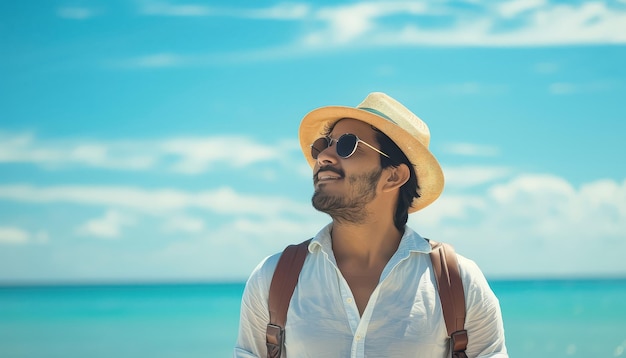 Um homem está de pé no oceano vestindo uma camisa verde