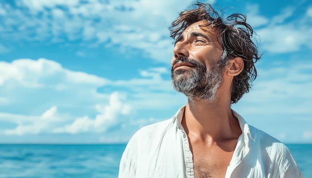 Um homem está de pé no oceano vestindo uma camisa verde