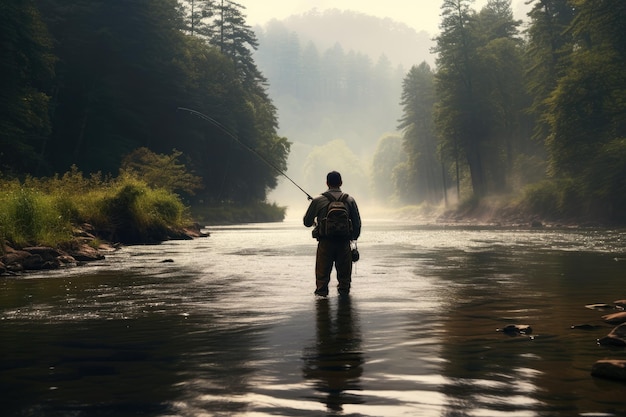 Um homem está de pé no rio segurando uma vara de pesca enquanto ele tenta pegar peixes homem adulto médio vadeando e pescando no rio AI gerado