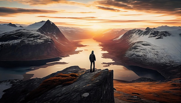 Um homem está de pé no topo da montanha e apreciando a bela vista durante um pôr do sol vibrante