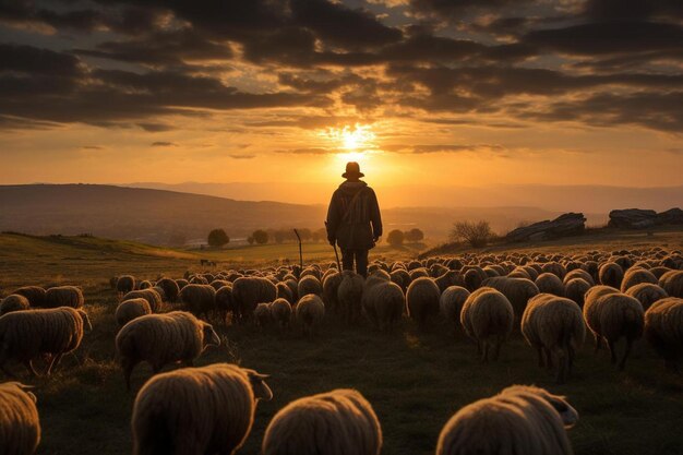 Foto um homem está de pé num campo de ovelhas com o sol atrás dele.