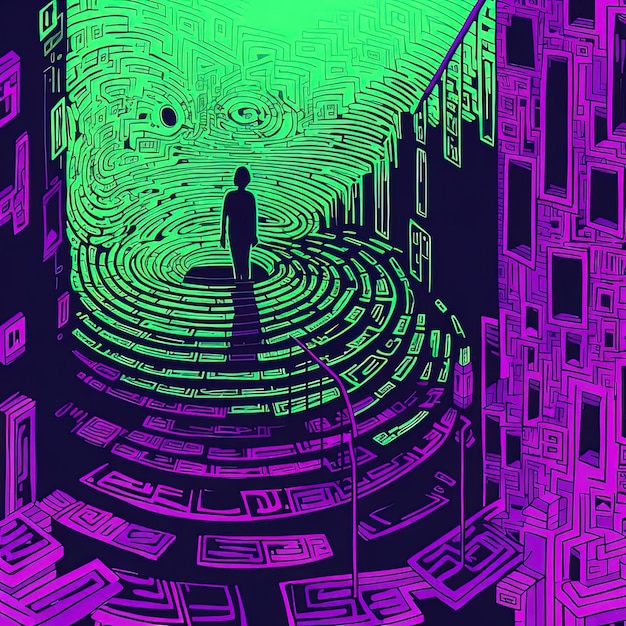 Um homem está de pé num labirinto no meio de uma cidade.