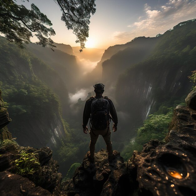 Foto um homem está de pé num penhasco com vista para uma cachoeira.