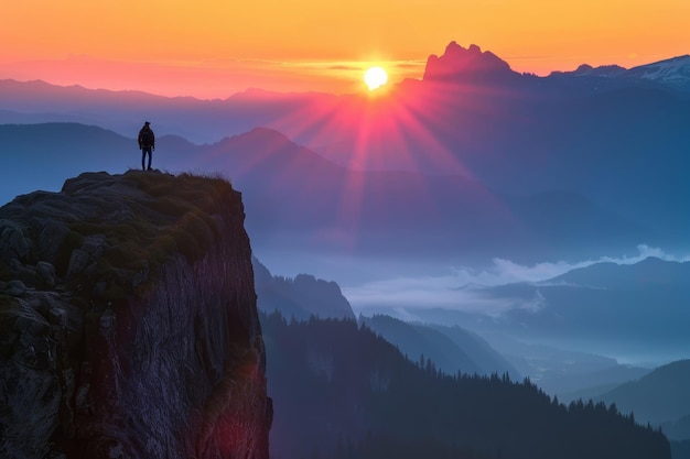 Um homem está de pé num penhasco com vista para uma paisagem montanhosa e o sol está a pôr-se sobre as montanhas