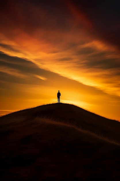 Um homem está de pé numa colina em frente a um pôr-do-sol.