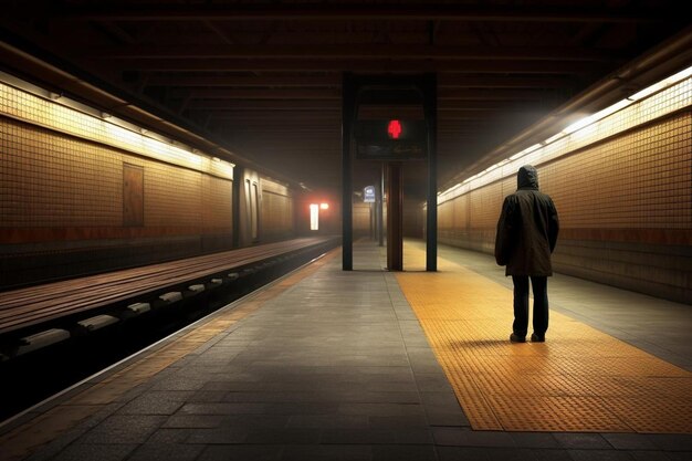 Um homem está de pé numa plataforma numa estação de metro.