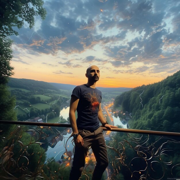 Foto um homem está de pé numa ponte com uma camisa que diz 