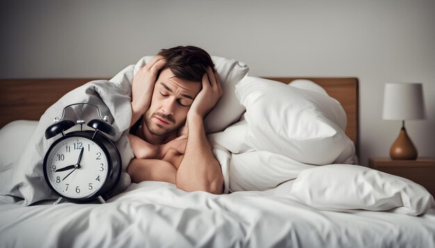 Foto um homem está deitado na cama com um relógio na mão