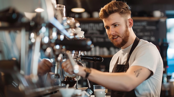 Foto um homem está derramando uma chávena de café em um bar