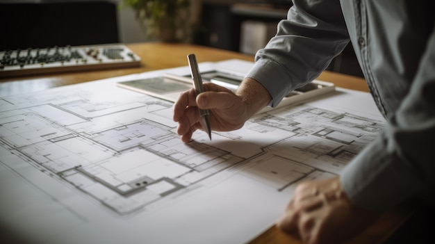 Um homem está desenhando em uma mesa com uma caneta.