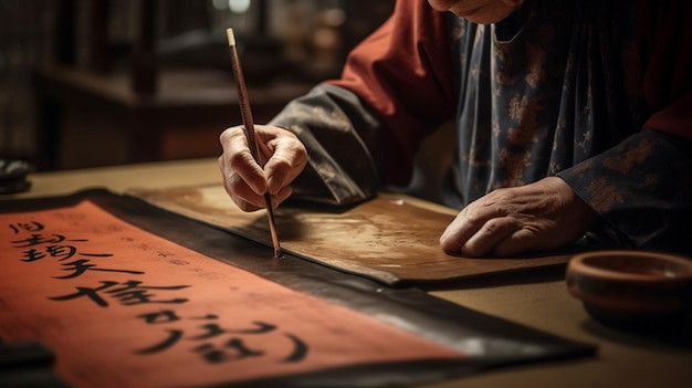 Um homem está desenhando um pedaço de papel com a palavra 'han' nela.