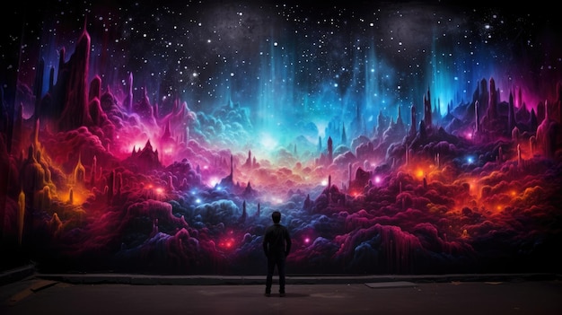 um homem está diante de um céu colorido com a imagem brilhante de um homem olhando para um mundo colorido.