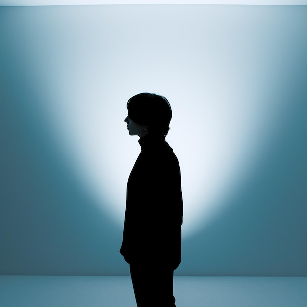 um homem está diante de um fundo azul com uma luz branca atrás dele.