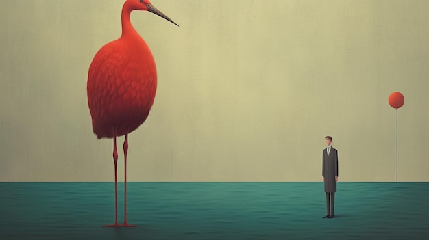 Um homem está diante de um grande pássaro vermelho.