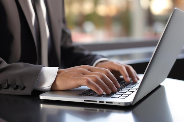 Um homem está digitando em um laptop com as mãos no teclado.