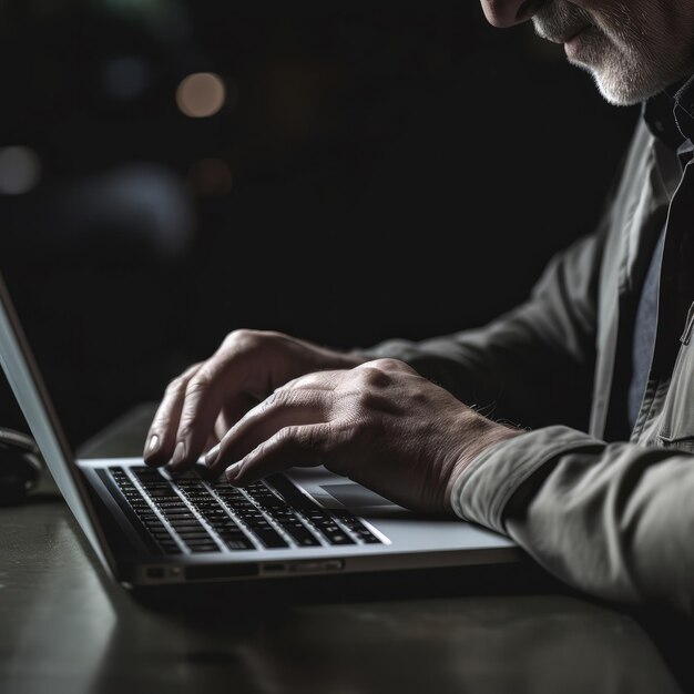 Um homem está digitando em um laptop com uma tela iluminada.