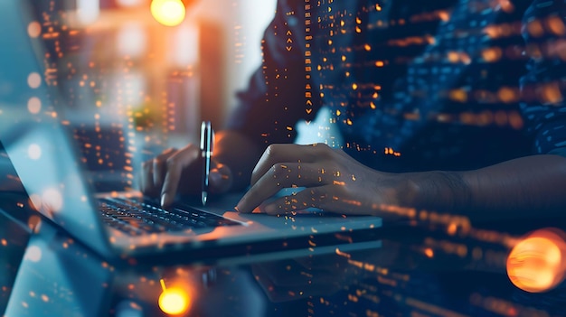 Um homem está digitando em um laptop em uma sala escura a luz da tela está se refletindo em suas mãos ele está vestindo uma camisa casual e jeans