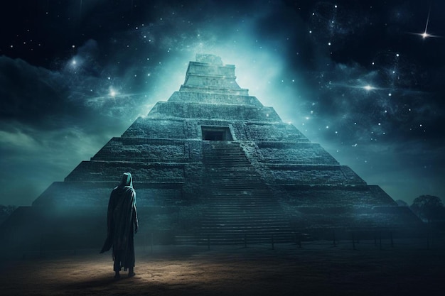 Um homem está em frente à pirâmide.
