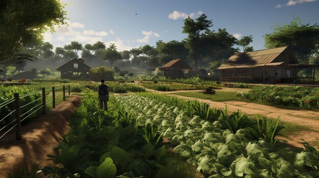 Foto um homem está em frente a um campo de repolho