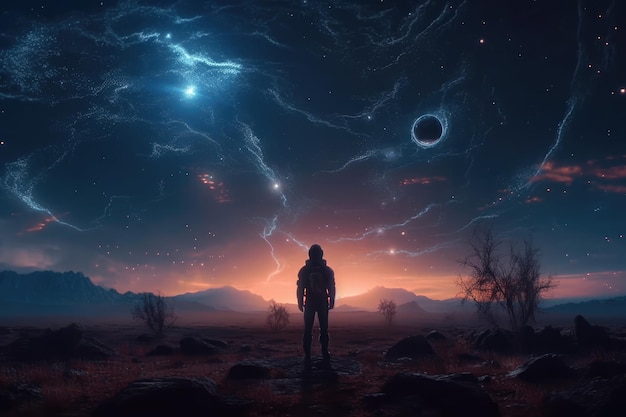 Um homem está em frente a um céu escuro com um buraco no centro.