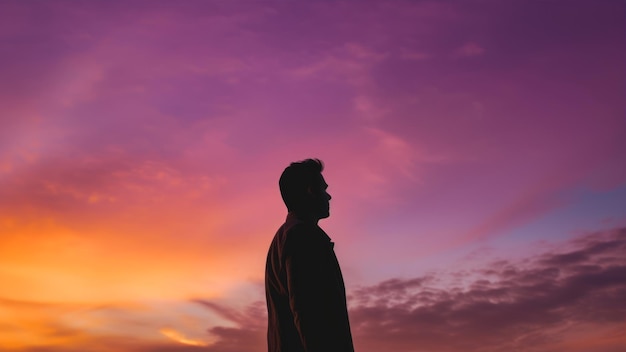 Um homem está em frente a um céu roxo com o sol se pondo atrás dele.