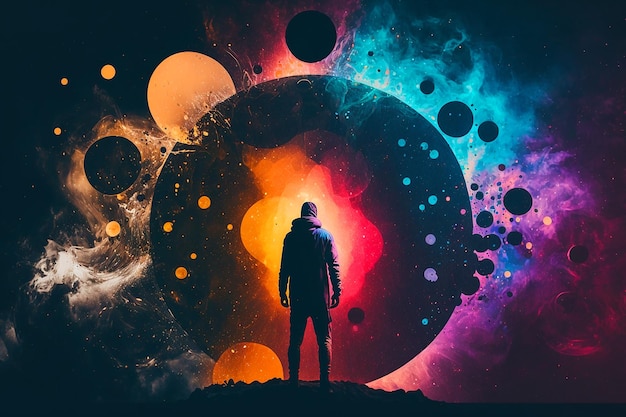 Um homem está em frente a um círculo colorido com as palavras 'o universo' nele