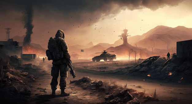 Um homem está em frente a um deserto com um tanque ao fundo.