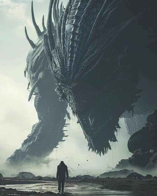 um homem está em frente a um dragão que está olhando para um homem