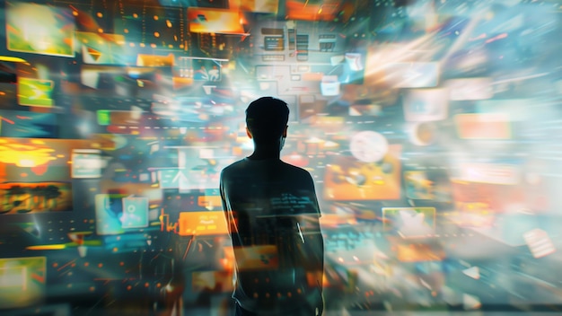 Um homem está em frente a um fundo abstrato com várias imagens flutuantes e ícones