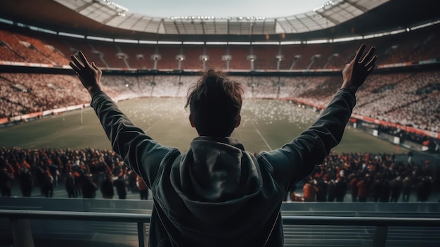 Um homem está em frente a um grande estádio com a palavra euro na frente.