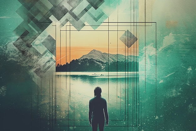 Um homem está em frente a um lago com uma montanha ao fundo