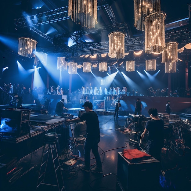 Foto um homem está em frente a um palco com uma placa que diz 