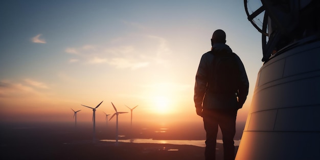 Um homem está em frente a um pôr do sol com turbinas eólicas ao fundo.