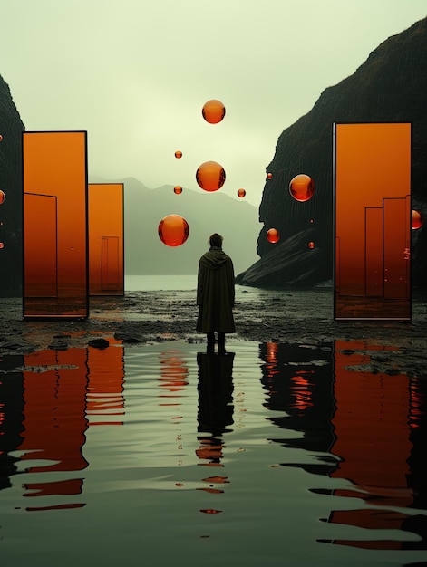 Foto um homem está em frente a um reflexo de uma parede vermelha com bolas laranjas flutuando na água