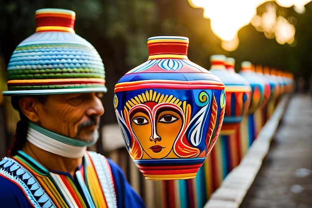 Um homem está em frente a um vaso colorido com um rosto nele.