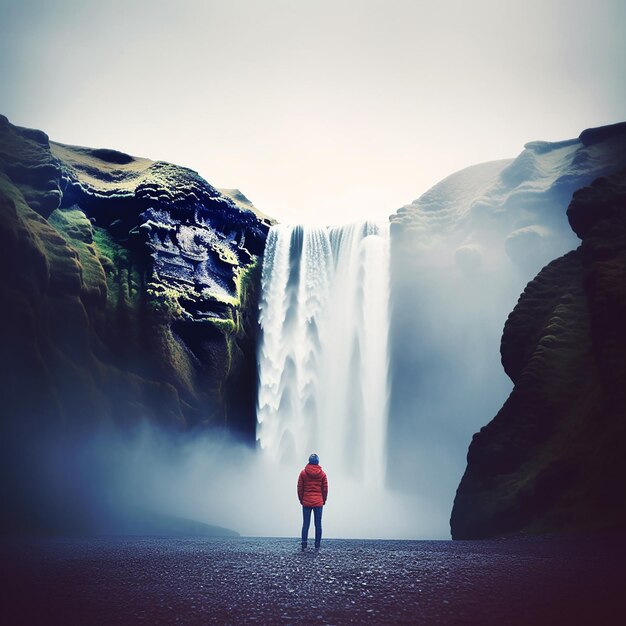 Um homem está em frente a uma cachoeira que está caindo.