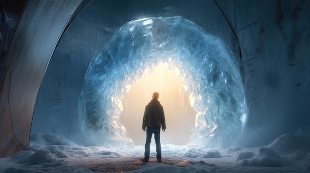 Um homem está em frente a uma caverna de gelo com uma luz azul saindo dela.