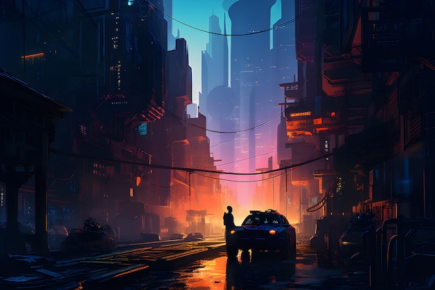 Um homem está em frente a uma cidade futurística com um carro em primeiro plano.