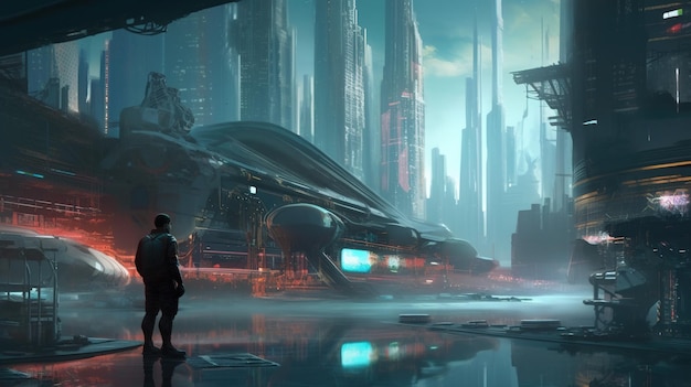 Um homem está em frente a uma cidade futurística com uma nave espacial ao fundo.