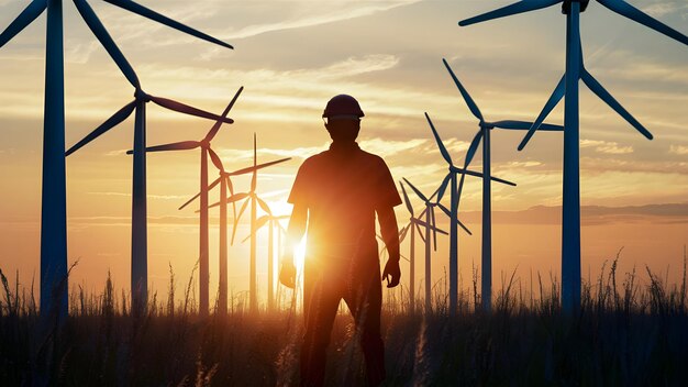 um homem está em frente a uma fazenda eólica com moinhos de vento ao fundo