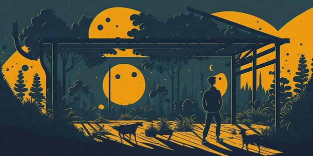 Um homem está em frente a uma floresta com uma lua ao fundo.